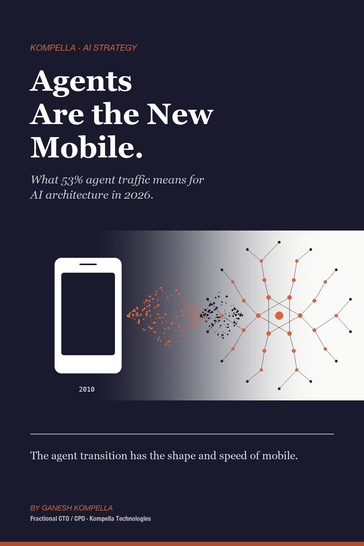 Editorial cover — a 2010 mobile phone silhouette morphing into a 2026 AI agent form, with the tagline 'Agents are the new mobile'