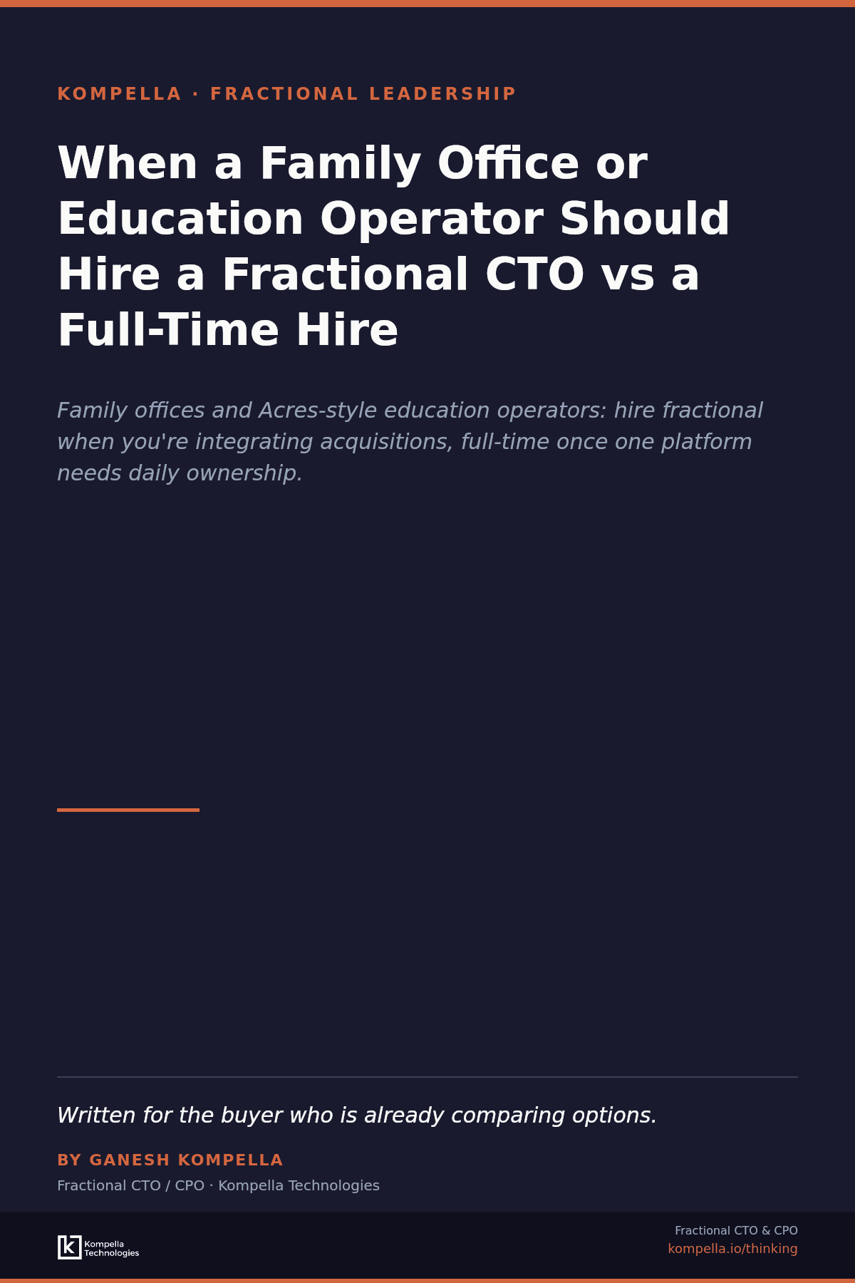 Editorial cover: Family offices and Acres-style education operators: hire fractional when you're integrating acquisitions, full-time once one platform needs daily ownership.