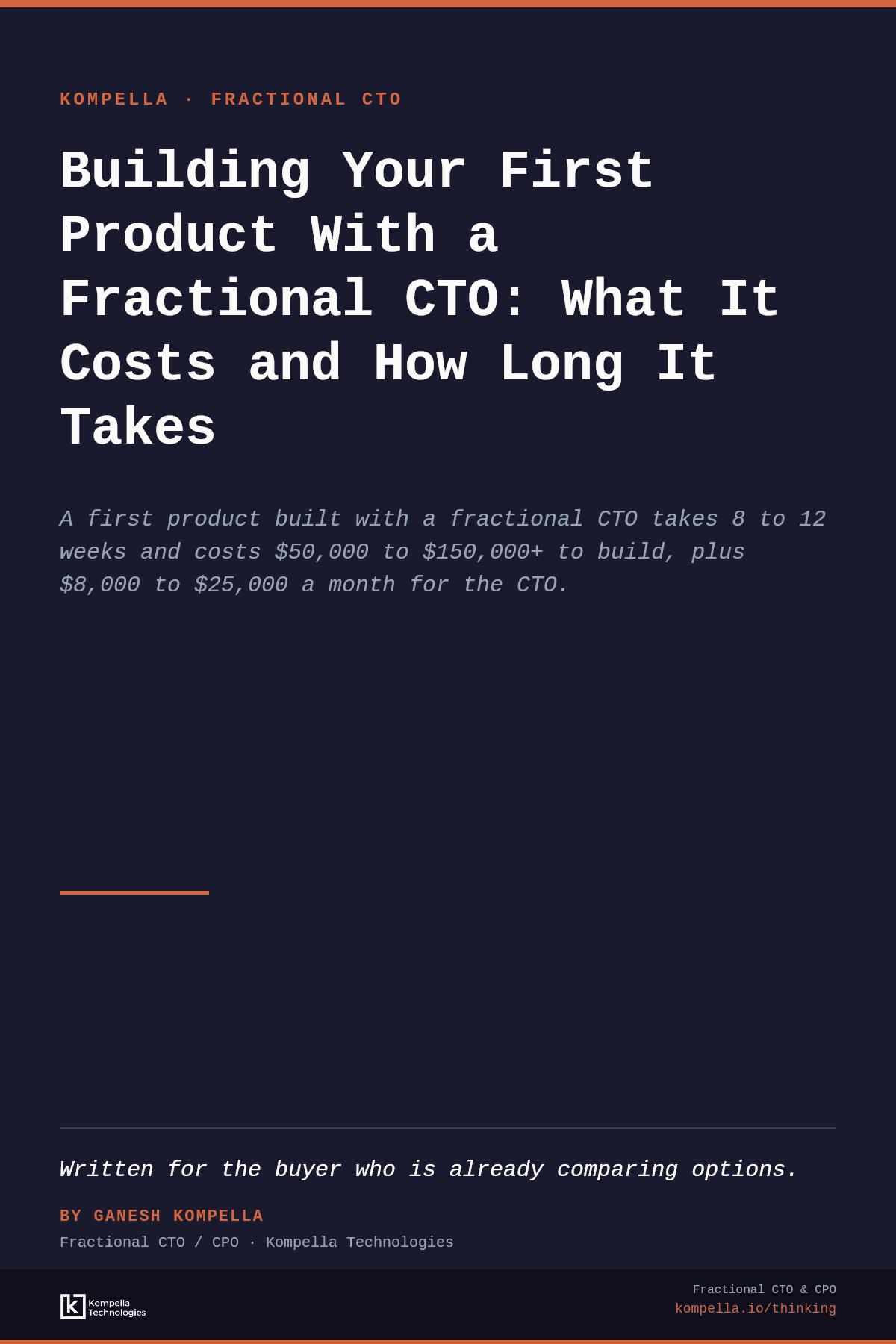 Editorial cover: Building your first product with a fractional CTO, what it costs and how long it takes.