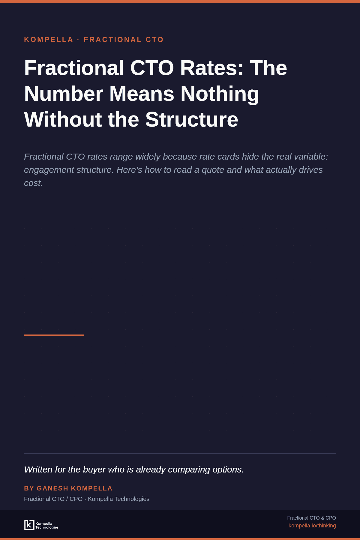 Editorial cover: Fractional CTO rates range widely because rate cards hide the real variable: engagement structure. Here's how to read a quote and what actually drives cost.