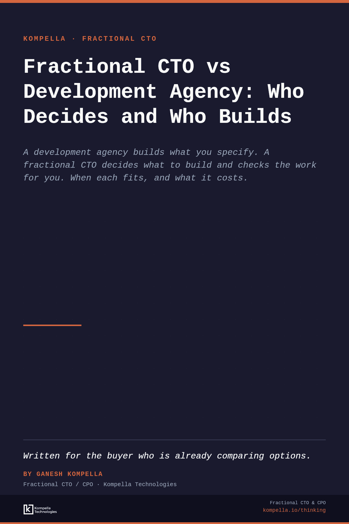 Editorial cover: Fractional CTO vs development agency, who decides and who builds.